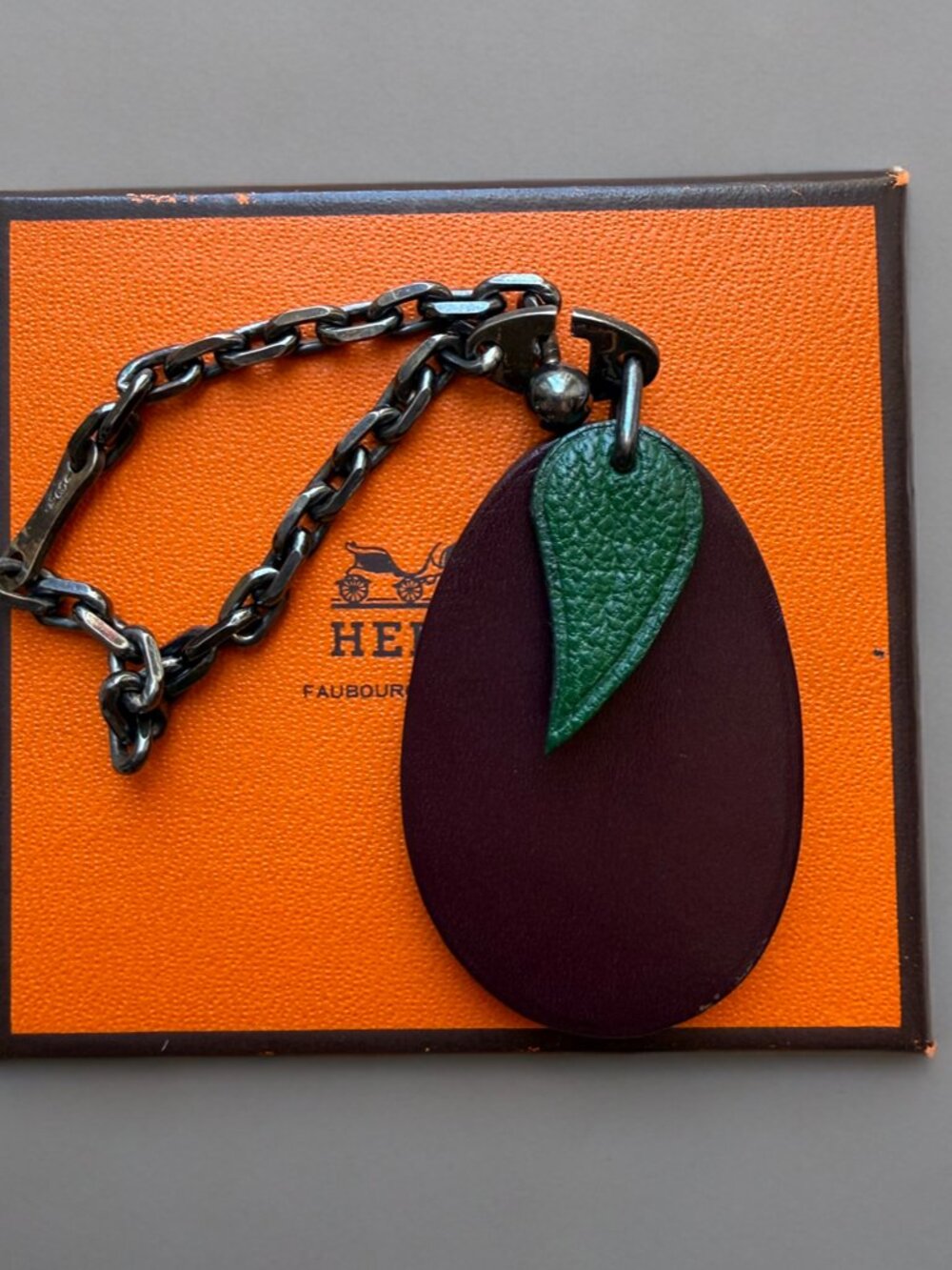 Hermes Purple Green Leather Plum Bag Charm